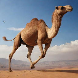 A fantastical scene of a camel in flight, soaring high in the sky against a stunning backdrop, combining the reality of its detailed features with the imagination of flight