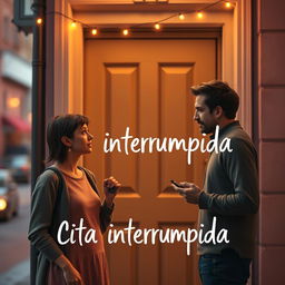 A light, playful movie poster inspired by the style of Noah Baumbach, featuring a man and a woman standing awkwardly in front of an apartment door, engaged in mid-conversation