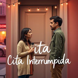 A light, playful movie poster inspired by the style of Noah Baumbach, featuring a man and a woman standing awkwardly in front of an apartment door, engaged in mid-conversation