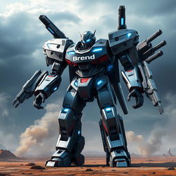 A futuristic battle robot prominently featuring the brand name 'Brend Motors' on its metallic body