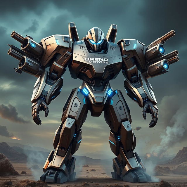 A futuristic battle robot prominently featuring the brand name 'Brend Motors' on its metallic body