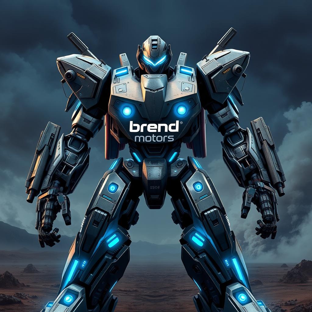 A futuristic battle robot prominently featuring the brand name 'Brend Motors' on its metallic body