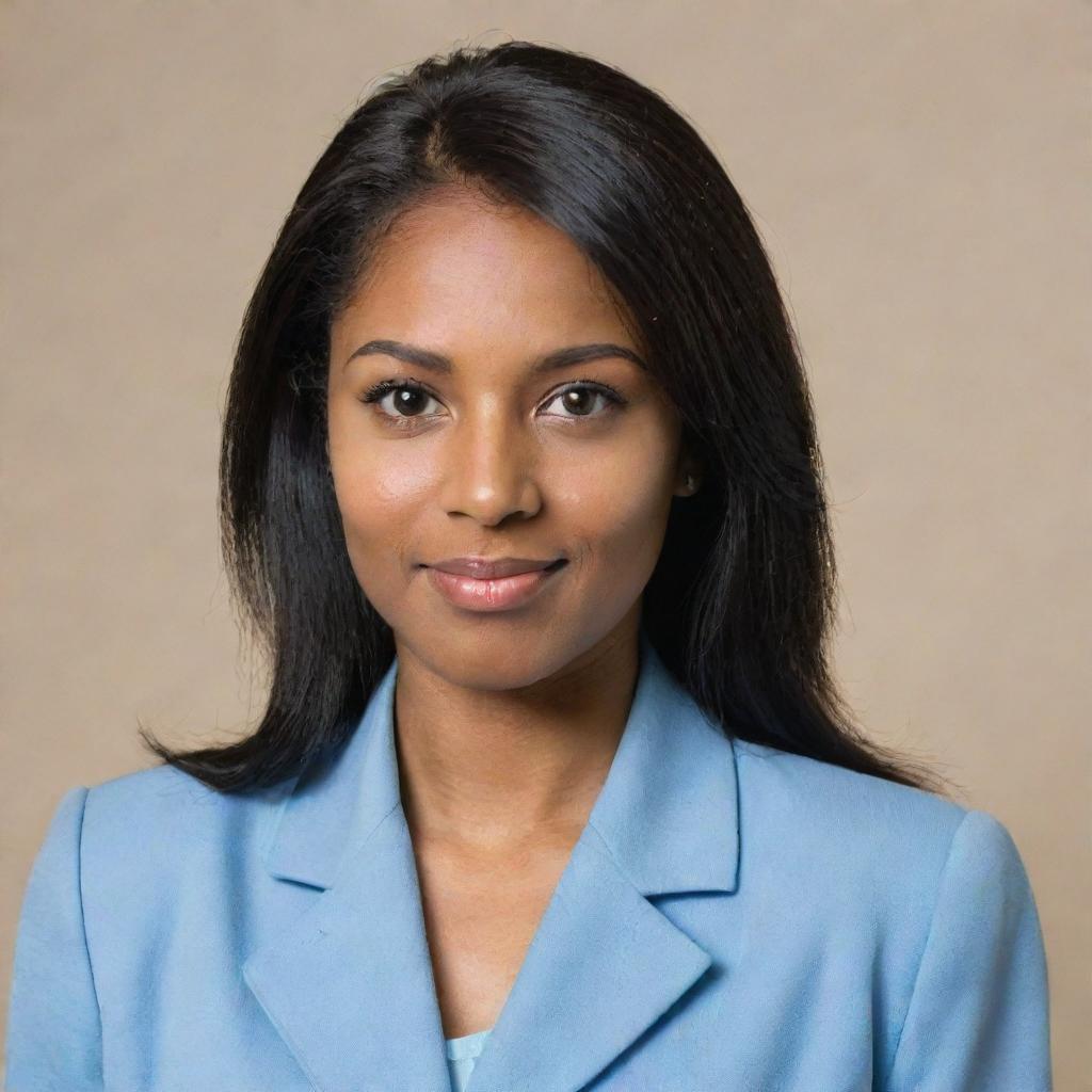 A pretty young woman with neat, straight, black hair that is short and mid-length. She has light skin, an average build, and stands shorter than average. With small foxy brown eyes and a pointy nose, she's dressed in a light blue university blazer uniform.