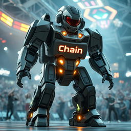 A futuristic battle robot prominently featuring the brand name ‘Chain Motors’