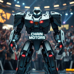 A futuristic battle robot prominently featuring the brand name ‘Chain Motors’