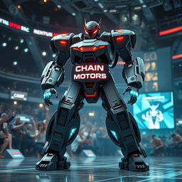 A futuristic battle robot prominently featuring the brand name ‘Chain Motors’