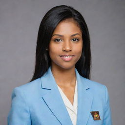 A pretty young woman with neat, straight, black hair that is short and mid-length. She has light skin, an average build, and stands shorter than average. With small foxy brown eyes and a pointy nose, she's dressed in a light blue university blazer uniform.