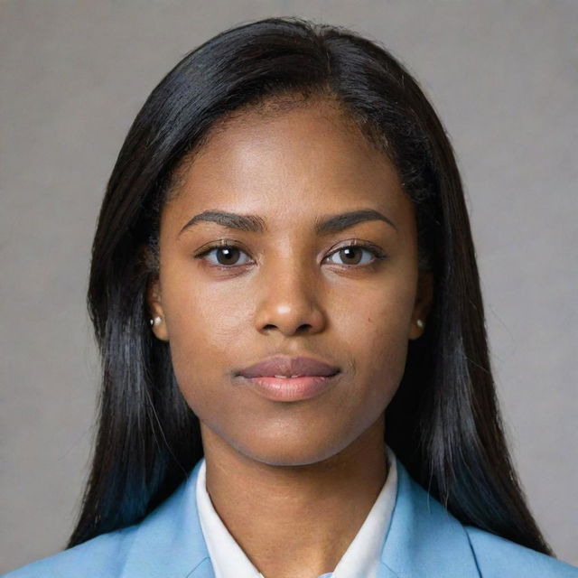 A pretty young woman with neat, straight, black hair that is short and mid-length. She has light skin, an average build, and stands shorter than average. With small foxy brown eyes and a pointy nose, she's dressed in a light blue university blazer uniform.