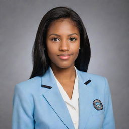 A pretty young woman with neat, straight, black hair that is short and mid-length. She has light skin, an average build, and stands shorter than average. With small foxy brown eyes and a pointy nose, she's dressed in a light blue university blazer uniform.