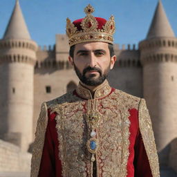 An Armenian prince in traditional royal attire, bedecked with gold decorations and a sparkling crown, asserting a regal presence with an imposing ancient castle in the backdrop.