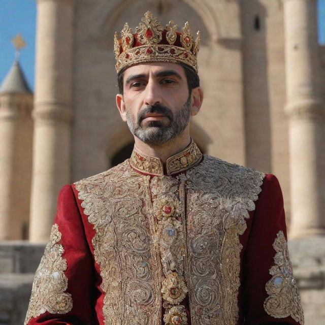 An Armenian prince in traditional royal attire, bedecked with gold decorations and a sparkling crown, asserting a regal presence with an imposing ancient castle in the backdrop.