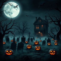 A realistic Halloween background featuring a spooky graveyard at night, with full moon casting a silvery glow on the tombstones