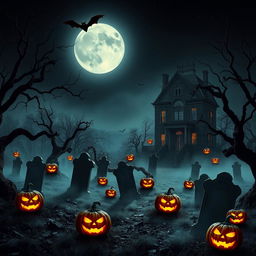 A realistic Halloween background featuring a spooky graveyard at night, with full moon casting a silvery glow on the tombstones