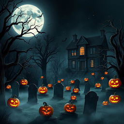 A realistic Halloween background featuring a spooky graveyard at night, with full moon casting a silvery glow on the tombstones