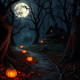 A realistic Halloween background set in a shadowy forest at twilight, featuring a winding path lined with twisted, gnarled trees