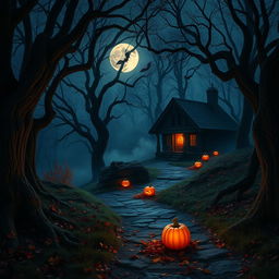 A realistic Halloween background set in a shadowy forest at twilight, featuring a winding path lined with twisted, gnarled trees