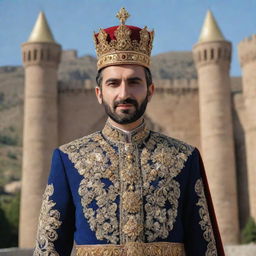 An Armenian prince in traditional royal attire, bedecked with gold decorations and a sparkling crown, asserting a regal presence with an imposing ancient castle in the backdrop.