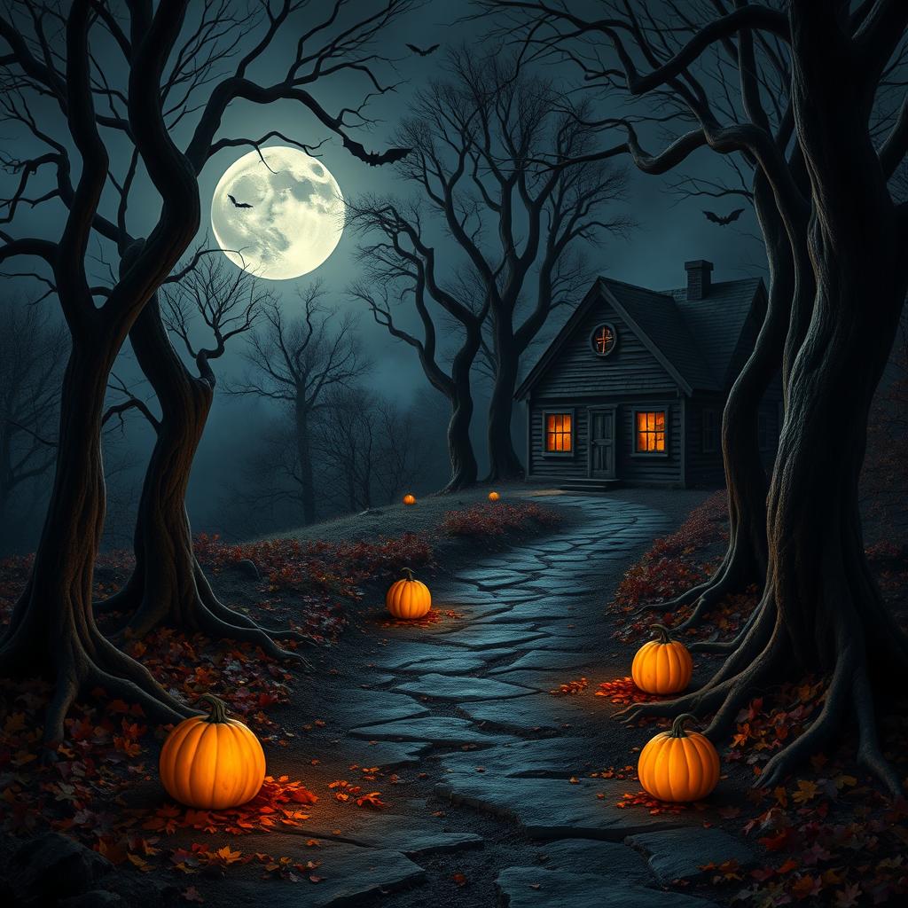 A realistic Halloween background set in a shadowy forest at twilight, featuring a winding path lined with twisted, gnarled trees