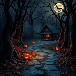 A realistic Halloween background set in a shadowy forest at twilight, featuring a winding path lined with twisted, gnarled trees