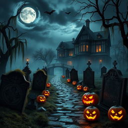 A realistic Halloween background depicting a foggy, moonlit night in an overgrown cemetery