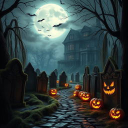 A realistic Halloween background depicting a foggy, moonlit night in an overgrown cemetery