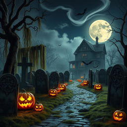 A realistic Halloween background depicting a foggy, moonlit night in an overgrown cemetery