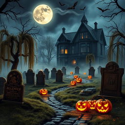 A realistic Halloween background depicting a foggy, moonlit night in an overgrown cemetery