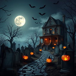 A realistic Halloween background showcasing a haunted graveyard under a starry night sky