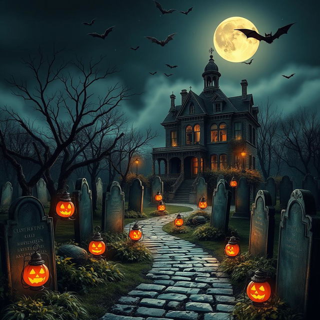 A realistic Halloween background showcasing a haunted graveyard under a starry night sky