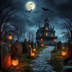 A realistic Halloween background showcasing a haunted graveyard under a starry night sky