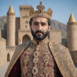 An Armenian prince in traditional royal attire, bedecked with gold decorations and a sparkling crown, asserting a regal presence with an imposing ancient castle in the backdrop.