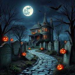 A realistic Halloween background showcasing a haunted graveyard under a starry night sky