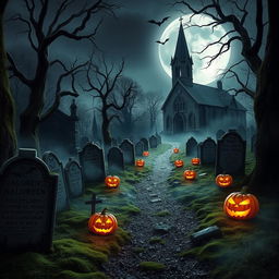 A realistic Halloween background showcasing a haunted graveyard at midnight