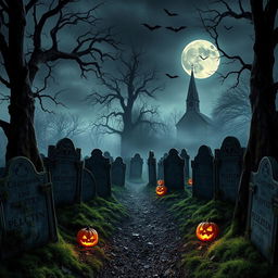 A realistic Halloween background showcasing a haunted graveyard at midnight