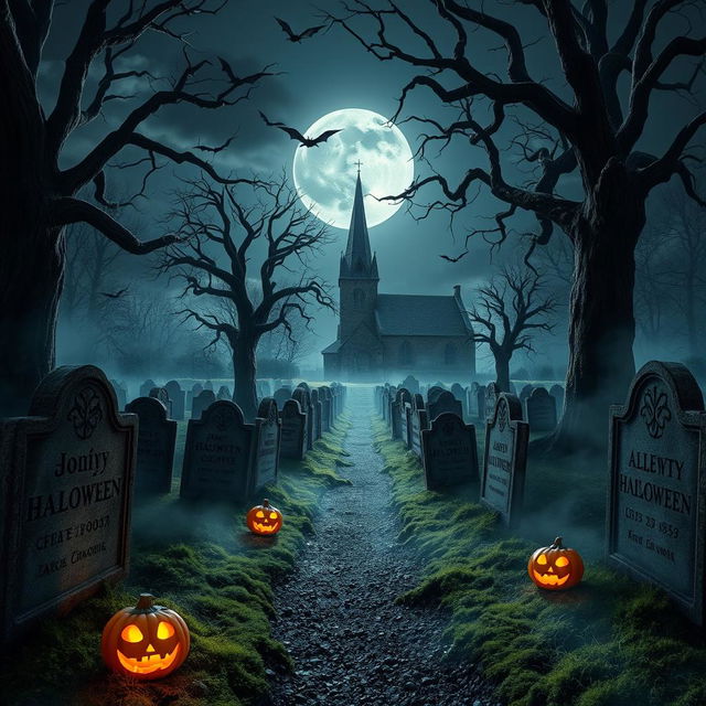 A realistic Halloween background showcasing a haunted graveyard at midnight