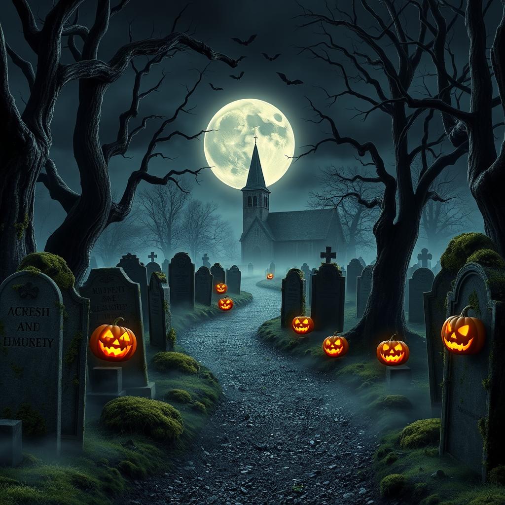 A realistic Halloween background showcasing a haunted graveyard at midnight