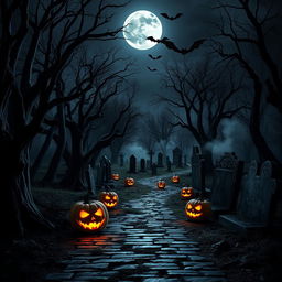 A realistic Halloween background featuring a dark, haunted forest at midnight