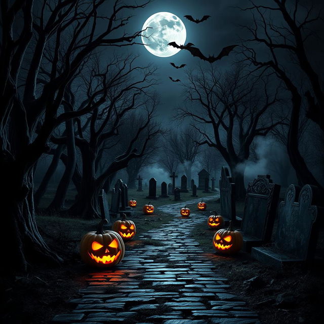 A realistic Halloween background featuring a dark, haunted forest at midnight