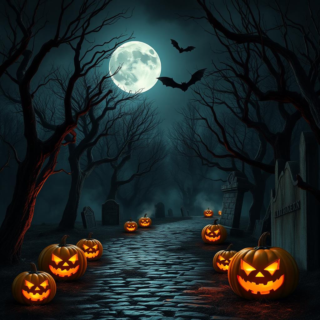 A realistic Halloween background featuring a dark, haunted forest at midnight