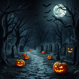 A realistic Halloween background featuring a dark, haunted forest at midnight