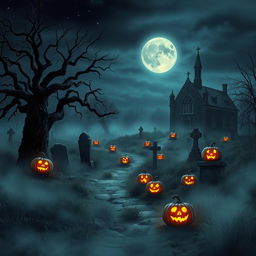 A realistic Halloween background depicting a creepy cemetery at twilight