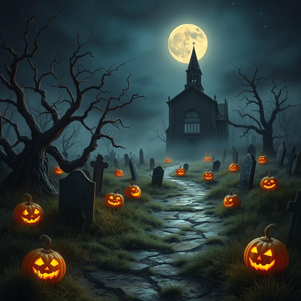 A realistic Halloween background depicting a creepy cemetery at twilight