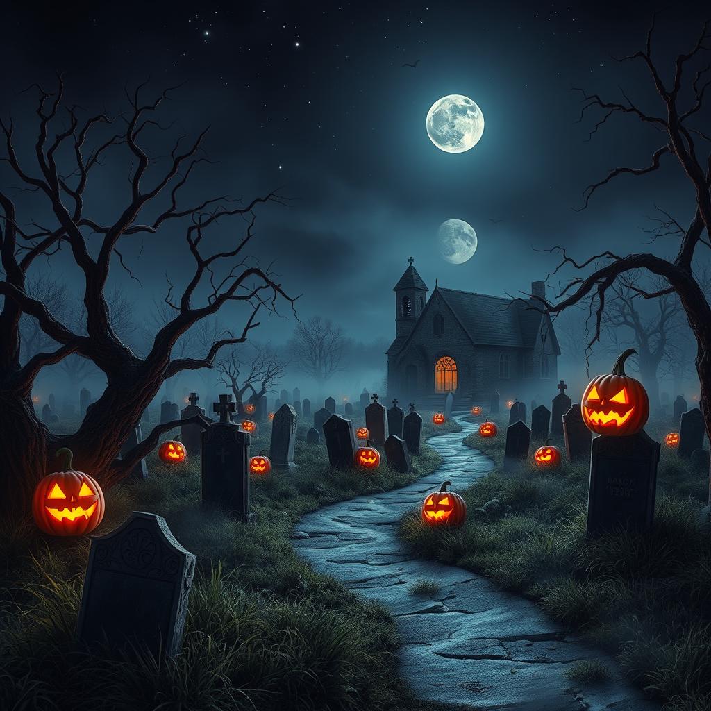 A realistic Halloween background depicting a creepy cemetery at twilight