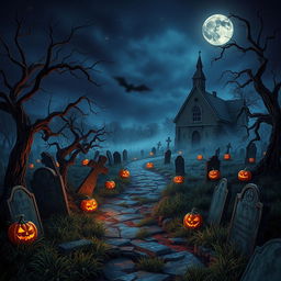 A realistic Halloween background depicting a creepy cemetery at twilight