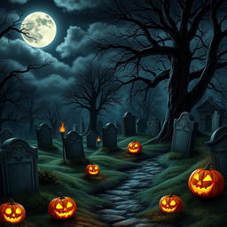 A realistic Halloween background depicting a spooky graveyard under a starry night sky