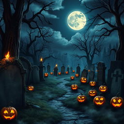 A realistic Halloween background depicting a spooky graveyard under a starry night sky