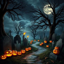 A realistic Halloween background depicting a spooky graveyard under a starry night sky