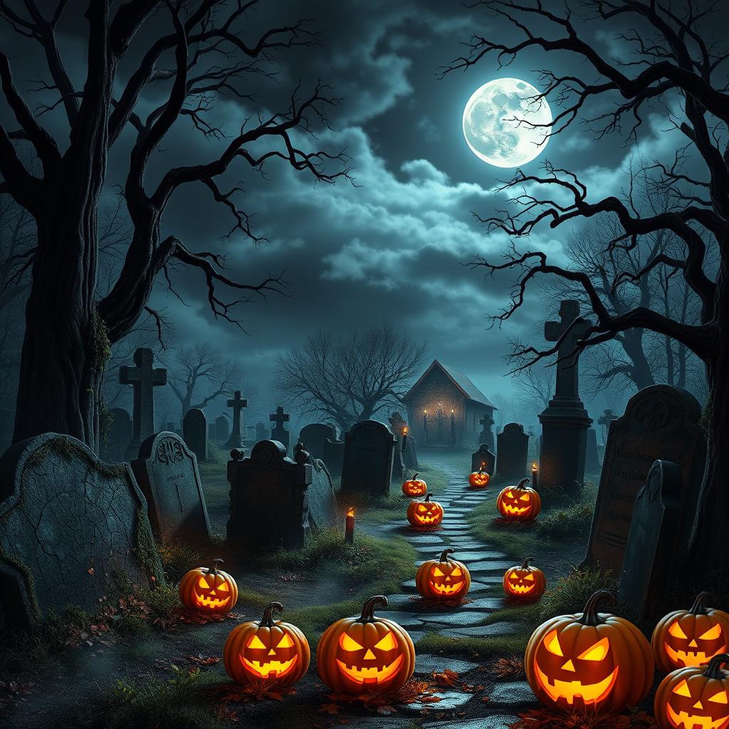 A realistic Halloween background depicting a spooky graveyard under a starry night sky