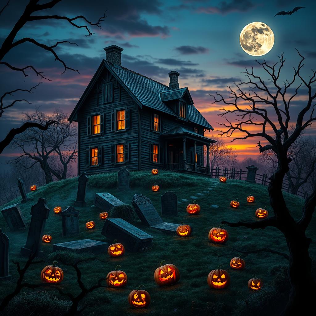 A realistic Halloween background showcasing a spooky haunted house on a hill at dusk