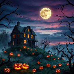 A realistic Halloween background showcasing a spooky haunted house on a hill at dusk